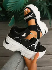 Women's Summer Thick Sole Platform Sandals, Rhinestone Decorative Velcro Dad Shoes, Short Height Increase Casual Sneakers, Adjustable Strap Fashionable Sandals