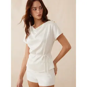 Cider Satin Cowl Neck Metal Detail Tie Waist Blouse