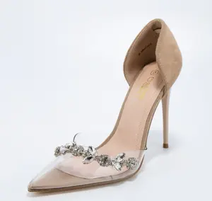Clear Gemstone Taupe Heels