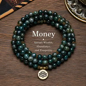 8mm Green Moss Agate Gemstone Healing Crystal Stone 108 Mala Beads Money Attraction Bracelets Long Beaded Wrap Necklace Genuine Gemstone Mala Prayer Beads Lotus Buddha Charm Yoga Meditation Necklace Ideal Gift Jewelry ,  Lotus Pendant, Ramadan.Long Chain
