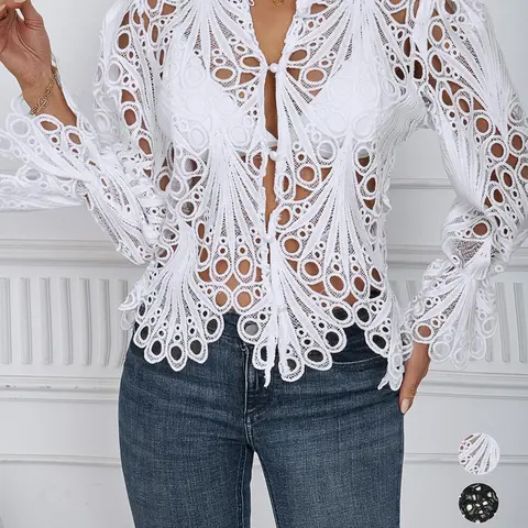 2026 Spring Summer New Women's Blouse, Sexy Asymmetrical Hollow Out Bell Sleeve, Breathable Lightweight Fabric Nightclub Top, Casual Fitted Long Sleeve Shirt, Button, Lightweight Blouses