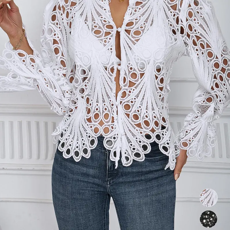 2026 Spring Summer New Women's Blouse, Sexy Asymmetrical Hollow Out Bell Sleeve, Breathable Lightweight Fabric Nightclub Top, Casual Fitted Long Sleeve Shirt, Button, Lightweight Blouses