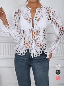 women's plain hollow out flounce sleeve button lace blouse, casual chic boho vintage solid color asymmetrical hem long sleeve top for spring summer fall, going out tops, shirts for women, fashion women's summer clothes, breathable womenswear, lady