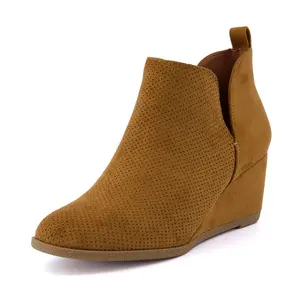 CUSHIONAIRE Women's Tito Wedge Bootie - Soft Vegan Suede, Memory Foam, Wide Width Available, womens wedge boots, Whiskey, 8W