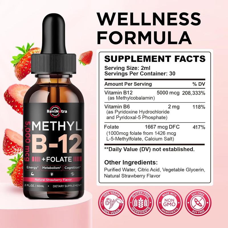 ReviNutra Vitamin B12 Drops Sale | 5000mcg B-Complex with Methylcobalamin, Folate & B6 – 2oz Vegan Strawberry for Energy & Heart Health
