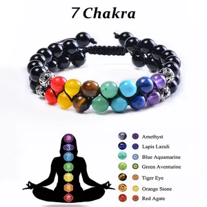 7 Chakra Beaded Bracelet Set | Hematite / Black Onyx / Matte Black Stone | Energy Grounding, Negative Energy Protection, Anxiety Relief & Abundance Healing Crystal Jewelry, Father's Day Gift