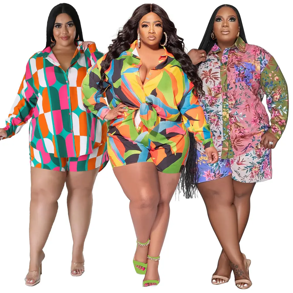 Spring New Printed Turn-Down Collar Tropical Style Plus Size Shirt Shorts Casual Women Clothes Womenswear matching sets women plus size 2 piece sets plus size sets comfort sweat set summer outfits set outfit sets women