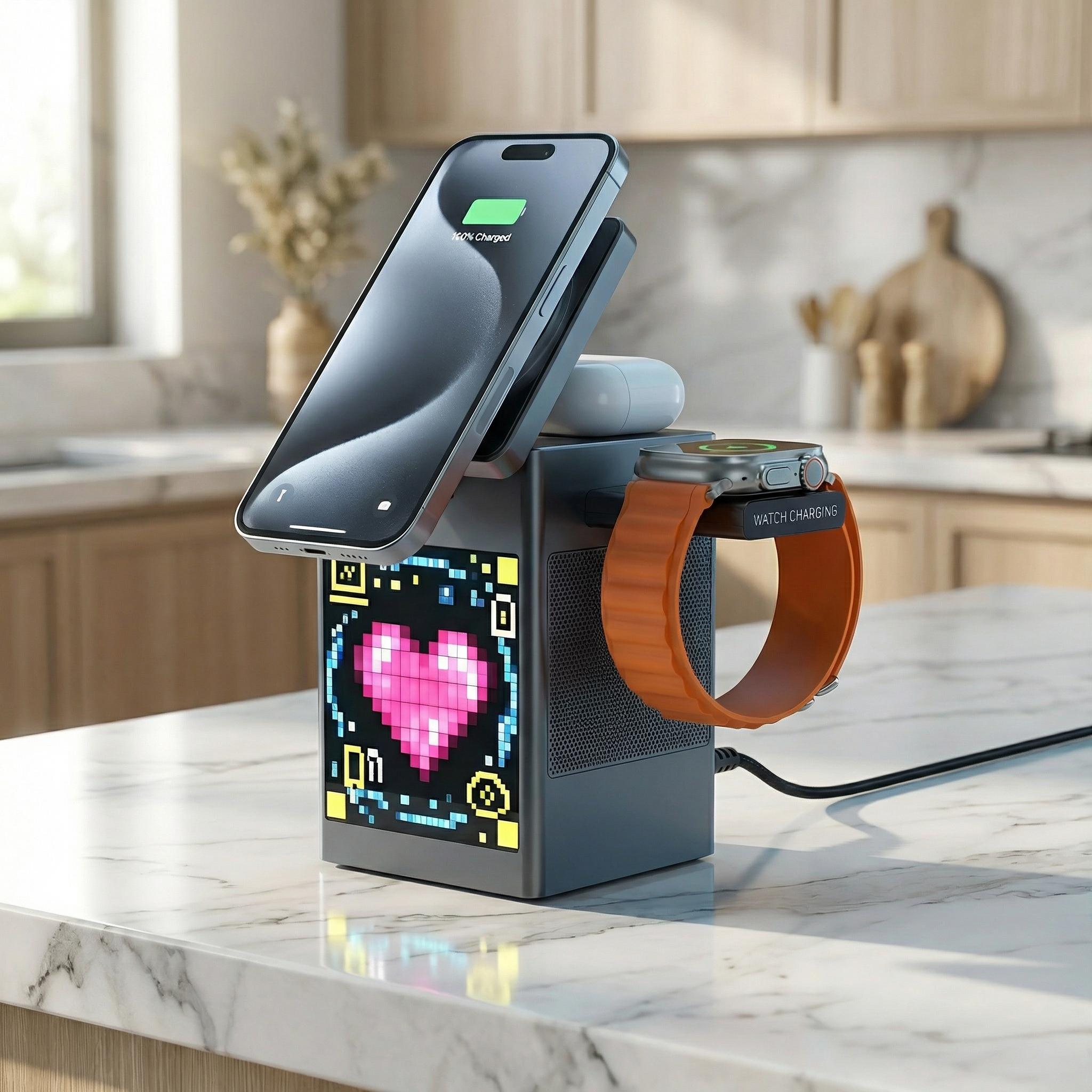 MagSafe-compatible 6-in-1 Charging Station with Bluetooth Speaker, Clock & Pixel Display – Ideal for iPhone, Desk, Travel & Multi-Device Charging | Smart All-in-One Solution for March Madness, Spring Break, World Cup & Easter