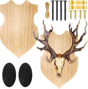 2 Sets Wooden Deer Antler Mounting Kit Deer Mount Plaque Antler Display Kit Skull Mounting Set with Expanded Polyethylene Foam Hemp Rope Hooks Screws and Glue Point Dots