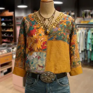 Cherrybetty Boho Flower Print V-Neck 100%Cotton Blouse Womenswear Shirts Tops Plus Size Clothes Spring Clothes Cute Tops For Women Tiktok Shop Spring Glow Up