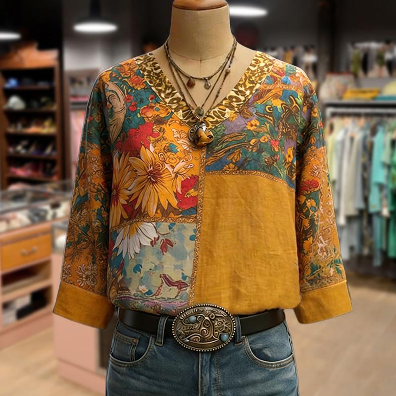 Cherrybetty Boho Flower Print V-Neck 100%Cotton Blouse Womenswear Shirts Tops Plus Size Clothes Spring Clothes Cute Tops For Women Tiktok Shop Spring Glow Up