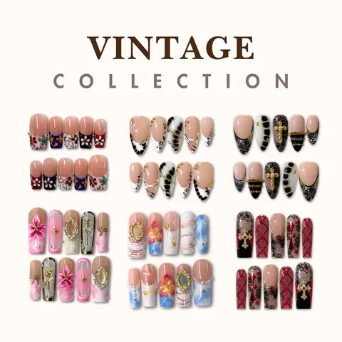 NailPhoria VINTAGE Collection - Handmade Press-On Nails | Reusable, Salon-Quality, Long-Lasting, Glossy Design