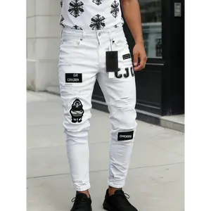 Fashion men's wear： Men's White Ripped Skinny Jeans S-XXL, Medium Stretch Denim Pants with Ruched Ankle, All-Season Style