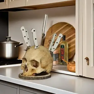 [Skull Head Knife Holder] Multi-Room Storage Skull Head Knife Block Holder, Resin Collectible Figurine - Horror Themed Kitchen Accessory - 1pc Cutting