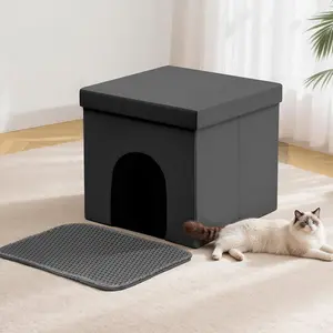 PAWGIANT 3-in-1 Cat Litter Box Enclosure, Multi-Functional Hidden Litter Box Furniture Bench, Dog Proof, Space-Saving Ottoman Cabinet with Lid, Storage Footrest, Foldable Cat Washroom Bench with Storage Space, 21.6×17.7×17.7''-M