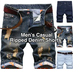Men's Ripped Distressed Denim Shorts, Moto Biker Jeans Shorts with Broken Hole For Men