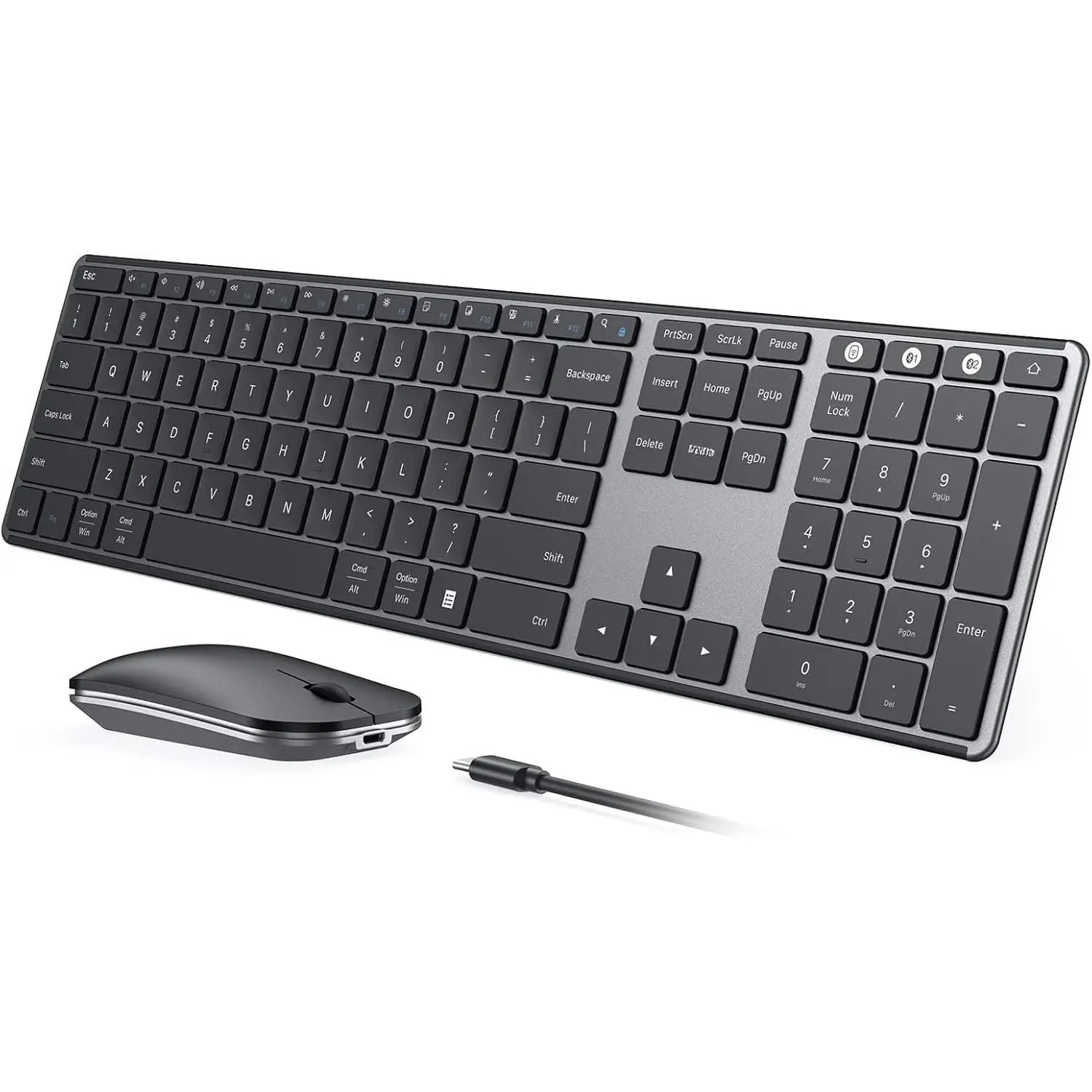 Keyboard and  Combo, SKM64-3 Rechargeable Slim Quiet Keyboard , 3 Multi-Device Connection, Compatible for Windows, , MacBook, iPad, Tablet, Black Gray