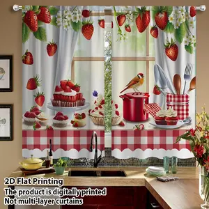2pcs 2D Flat Printed "Red Dining Table Decor, Strawberry Pattern, Warm and Cozy, Machine Washable and Easy to Care for, Suitable for Kitchen, Dining Room, Farmhouse, Polyester Fiber Material, Small Window Curtains