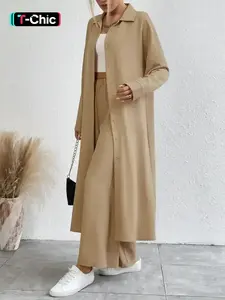 Women's Solid Button Front Shirt & Wide Leg Pants Two-piece Set, Casual Drop Shoulder Long Sleeve Top & Trousers Set, Women's Clothes for Daily Wear, Casual Loungewear Set, Casual Suit Set, Casual Matching Set
