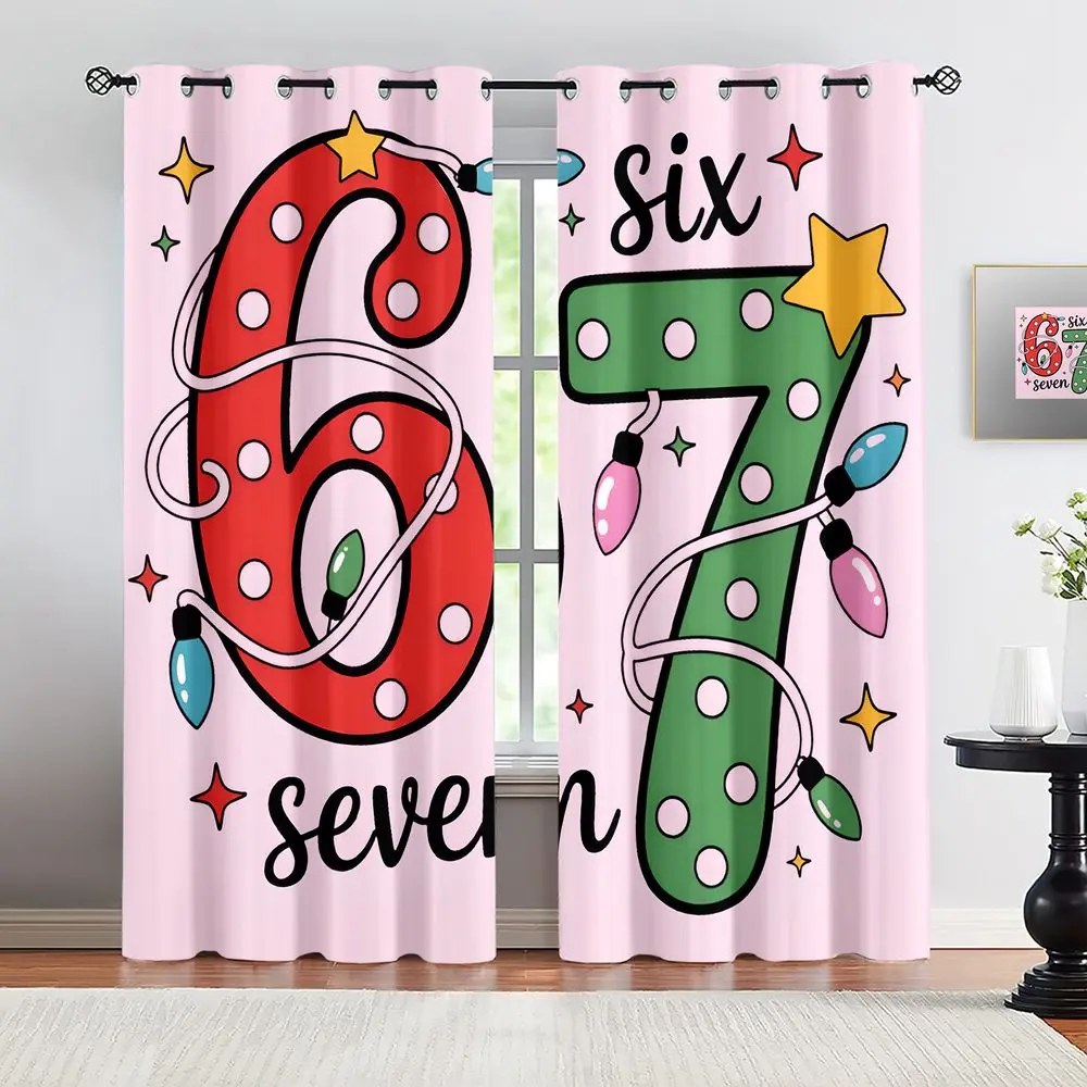 Polka Dot Number Curtains, Fun Pink and Red 6 & 7 Design with Colorful Christmas Lights, Perfect for Playrooms and Kids' Bedrooms, Vibrant Star Accents, 2-Pack, Machine Washable