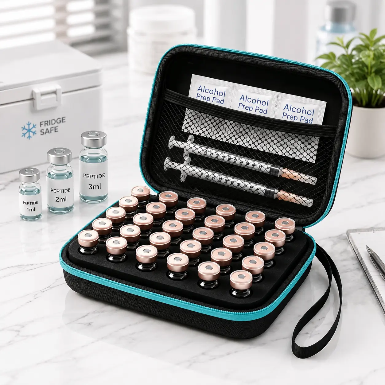 30-Slot Hard Shell Vial Organizer Case, Compact Functional Storage Boxes for 1-3ml Vials, Portable Zipper-Protected Fridge & Travel Home Organizer