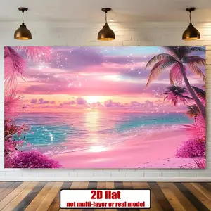 1pc Vibrant Pink Sunset Hawaiian Party Banner - 2D Flat Polyester Backdrop with Tropical Beach Scene, Perfect for Home Decor, Room & Wall Accents, Ideal for Christmas, Halloween, and All Season