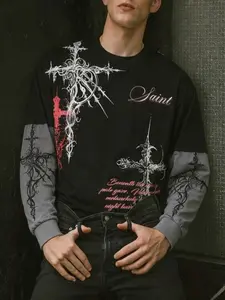 Gothic Dark Style Streetwear Long Sleeve T-Shirt, Must-Have for Trendy Men, Spring & Fall Casual Wear, Comfortable Graphic Print Tee, Fashion