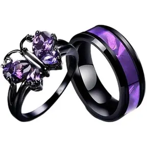 Romantic Black & Purple Butterfly Couple Ring Set Gothic Purple Butterfly & Inlay Black Ring Set for Couples | Unique Anniversary Gift