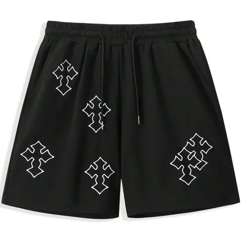 Men's Cross Print Drawstring Natural-Waist Shorts, Casual Regular-Fit Breathable Straight-Leg Shorts Summer Style Shorts with Pockets for Summer Daily Wear