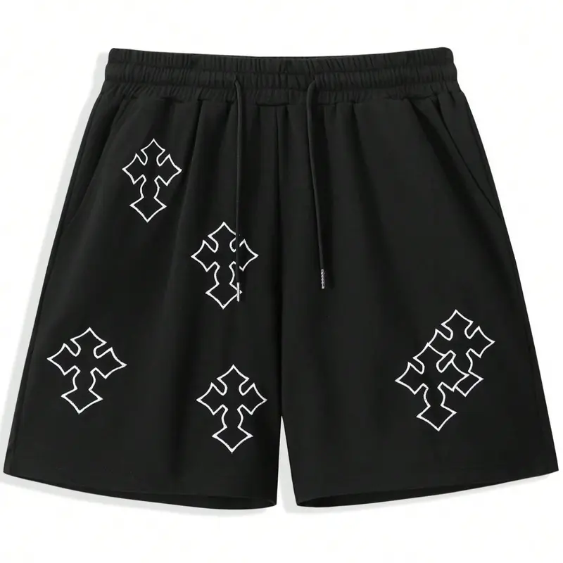 Men's Cross Print Drawstring Natural-Waist Shorts, Casual Regular-Fit Breathable Straight-Leg Shorts Summer Style Shorts with Pockets for Summer Daily Wear