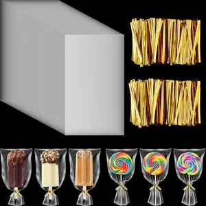 Shappy 200 Pieces Cellophane Treat Bags 4X6 Inches Ice Lolly Bags Set 100 Pcs Clear Treat Bag with 100 Pcs Twist Ties Cake Plastic Bag for DIY Making Dessert Supplies Chocolate Cookie Wrapping