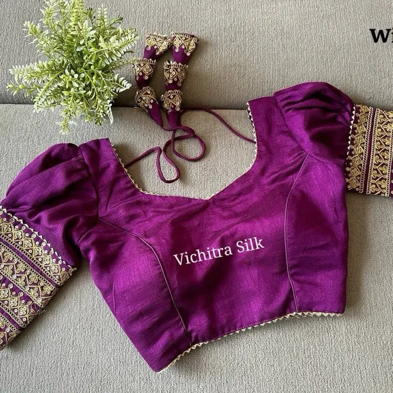 Vichitra Silk Women's Saree blouses - Purple Color with Gold Embroidery Details