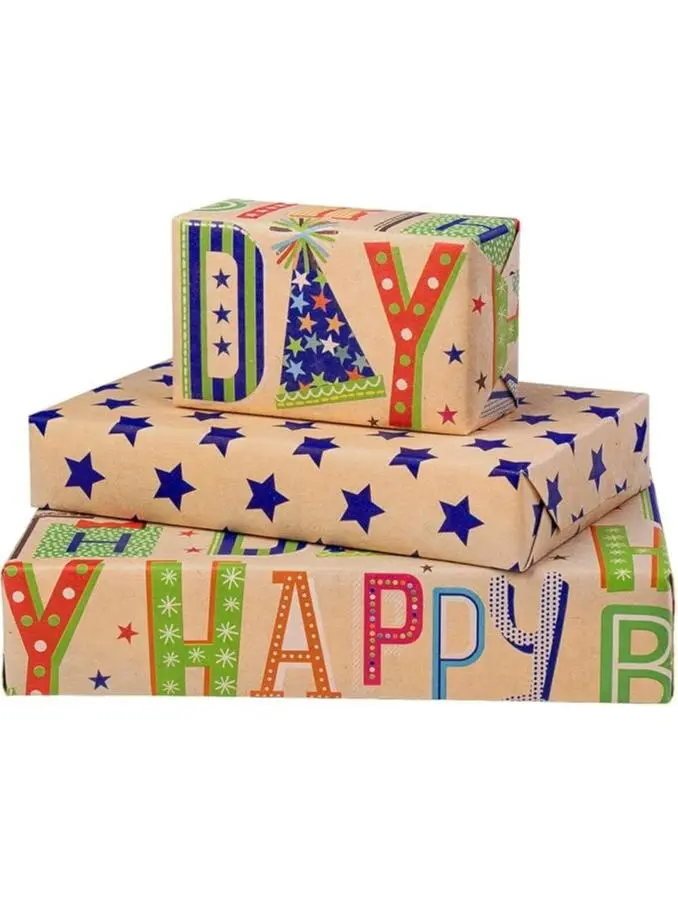 RUSPEPA Kraft Birthday Wrapping Paper Roll - 17 Inch x 9.8 Feet - Colorful Happy Birthday Typography Design Gift Wrap Paper for Kids, Boys, Girls, Adults, Birthday Party Supplies, Celebration Gifts and Holiday Packaging