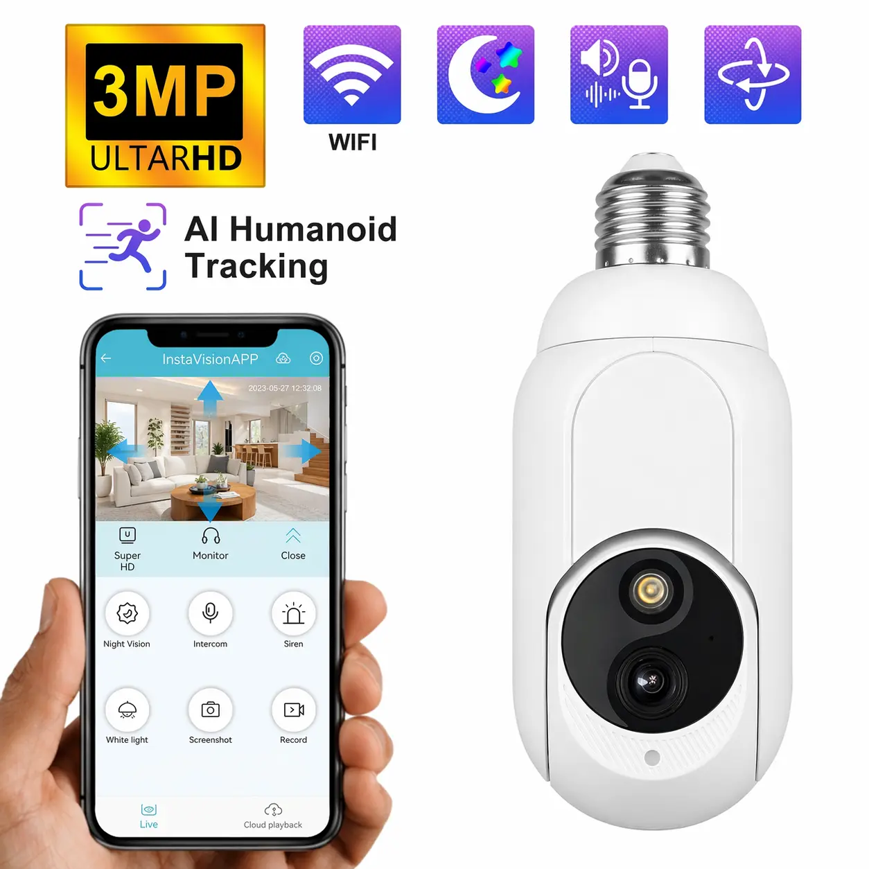 3MP WiFi Light Bulb Security Camera, Socket-Mounted Indoor Camera with 355° Pan-90° Tilt, Full-Color Night Vision, 2-Way Audio Speaker, AI Person Tracking, Local Recording, Memory Support, InstaVision App Baby Monitor