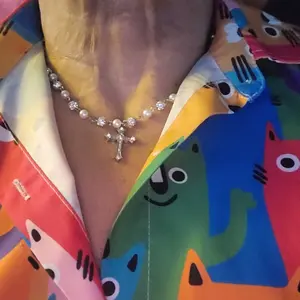 Vintage Stylish Simple Rhinestone Cross Decorated Imitation Pearl Necklace, Men's Hip Hop Punk Jewelry for Elegant Charm, Bling Necklace, Pearl Chain Necklace