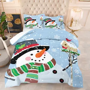 Christmas Theme Quilt Set, Comfortable Printed Bedding, Santa Claus & Snowman Pattern, Cute for Kids or Teens, Holiday Bedroom Decor Gift