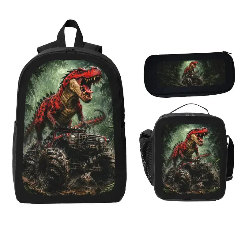 Boys' 3-Pcs Dinosaur Monster Truck School Pack - Cool Jungle T-Rex Print Waterproof Backpack, Insulated Lunch Bag, Large Pencil Case; Set Includes Back to School Gift Essentials