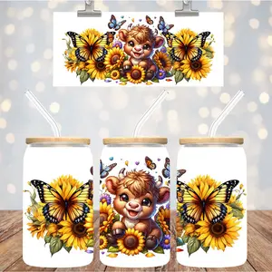 16 oz Uv Dtf Cup Wrap Cute Cow Sunflowers Butterflies 1008