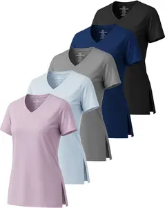 Real Essentials 5 Pack: Women's Short Sleeve Split Hem V-Neck T-Shirts, Athletic Tops, Gym, Workout, Yoga, Activewear (Plus)