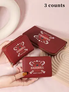 Baseball Club Pattern Zipper Short Wallet, Fashionable Slogan Graphic Coin Purse, Multi Card Slot Credit Card Wallet, Suitable for Outdoor and Back To School Use