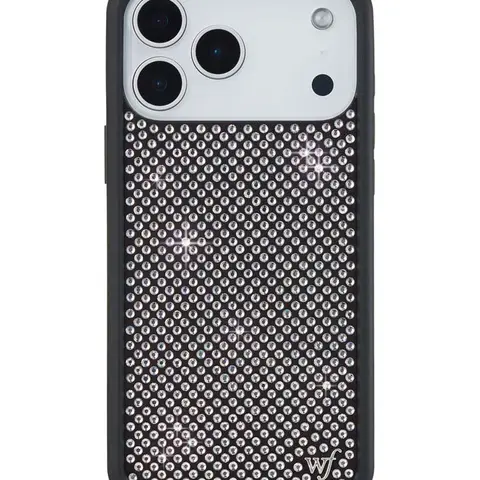 Wildflower Custom Durable Rubber iPhone Case - Limited Edition Collab, White Rhinestone & Silver Studded, Shockproof Black Raised Bumper Casing, Screen Protector-Compatible, Women-Owned Small Business Gift