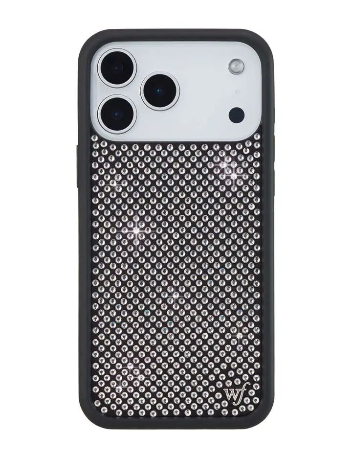 Wildflower Cases Limited Edition Trendy Collab White Rhinestone & Silver Studded Shockproof iPhone Cellphone Case, Raised Bumper Black Protective Cover, Screen Protector-Compatible Phone Accessories, Women-Owned Small Business Handheld Gift