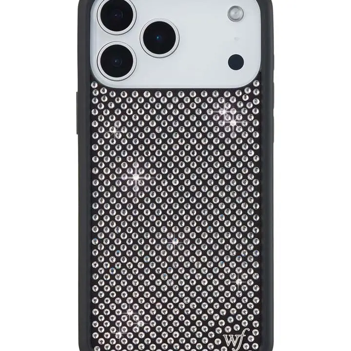 Wildflower Custom Durable Rubber iPhone Case - Limited Edition Collab, White Rhinestone & Silver Studded, Shockproof Black Raised Bumper Casing, Screen Protector-Compatible, Women-Owned Small Business Gift