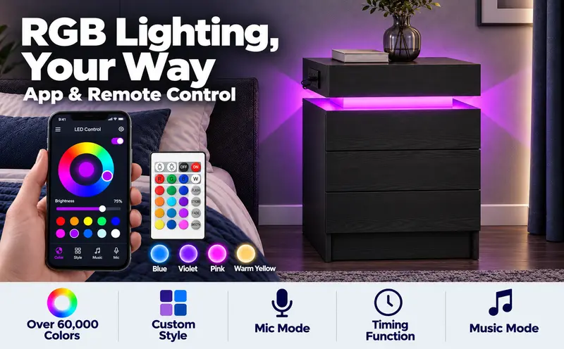LIKIMIO Nightstand with Charging Station & LED Lights, Modern Bedside Table with 2- or 3-Drawer Options, Sliding Top, Standard Top or Lockable Top Drawer, End Table for Bedroom & Small Spaces Nightstand With Drawers