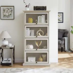 YYDS Glass display cabinet 4 Tier Glass Display Cabinet Storage Curio Cabinet with Flip up Glass Doors, Collectors Showcase Toy Figure Organizers Rack, Bookcase for Living Room White