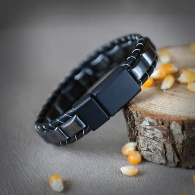 Men's Natural Hematite Beaded Look Bracelet with Magnetic Clasp, Modern Costume Jewelry for Husband (Father’s Day, Birthday, Anniversary Gift)