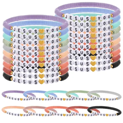 30pcs Jesus Loves You Bracelets Bulk Christian Gift for Women Men Religious WWJD Cross Clay Beads Friendship Bracelets for Sunday School Church Trunk or Treat Non-candy Treats Halloween Goodie Bag Operation Christmas Child Boxes Stuffers Party Favors