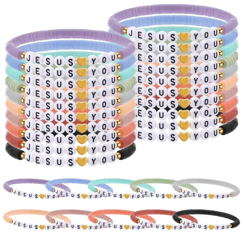 30pcs Jesus Loves You Bracelets Bulk Christian Gift for Women Men Religious WWJD Cross Clay Beads Friendship Bracelets for Sunday School Church Trunk or Treat Non-candy Treats Halloween Goodie Bag Operation Christmas Child Boxes Stuffers Party Favors