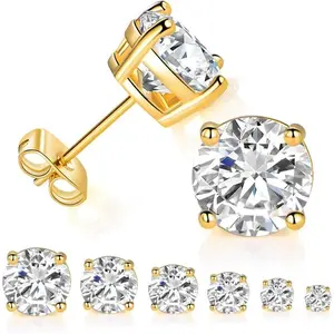 6 Pairs 14K Yellow Gold Plated Round Cut Clear CZ Stud Earrings Pack - Hypoallergenic Dainty Jewelry for Daily Wear