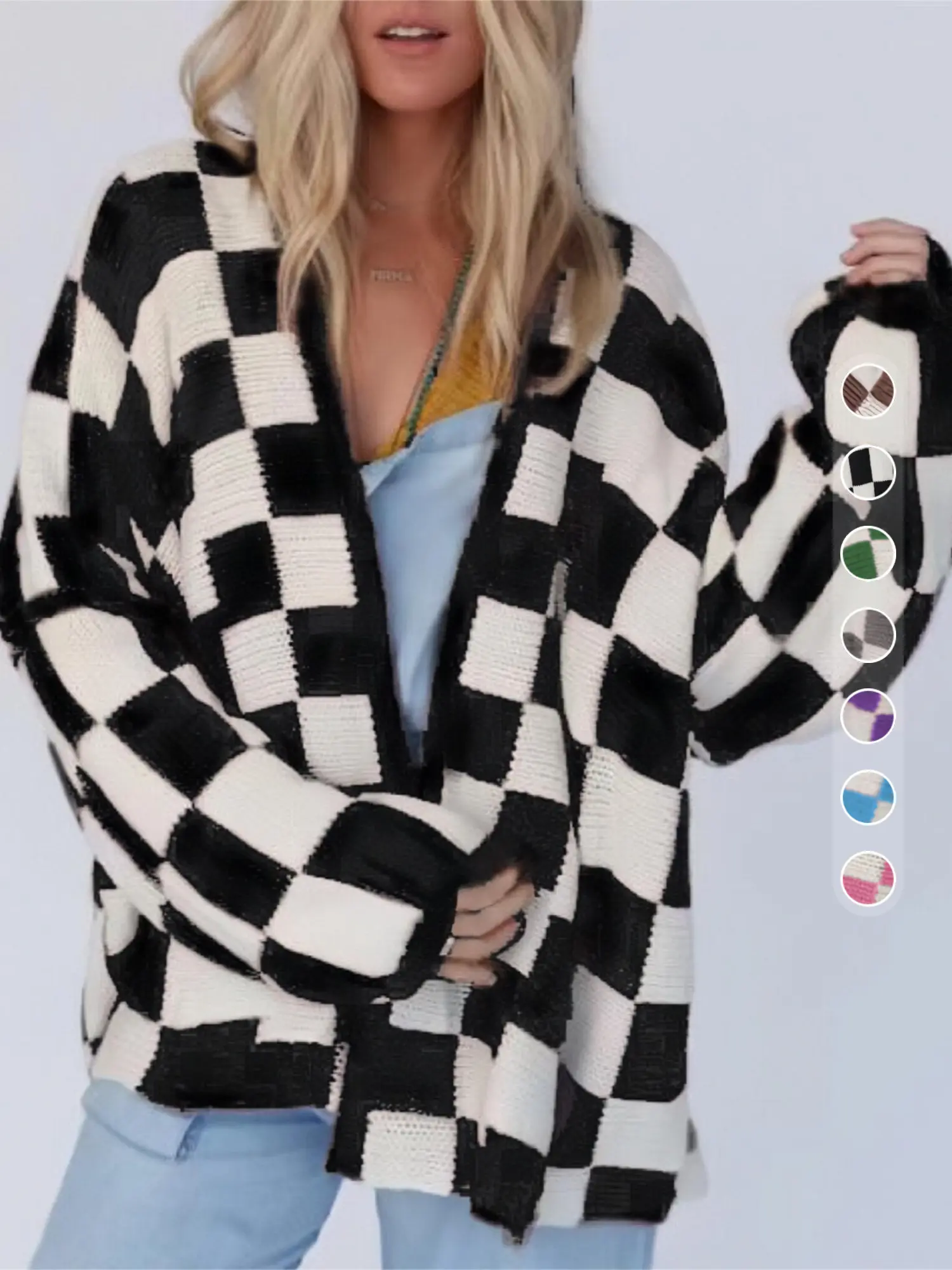 Breathable Knitted Women's Checkerboard Pattern Drop Shoulder Longsleeves Cardigan, Casual Chic Soft Long Sleeve Open Front Knitwear, Fashion Breathab